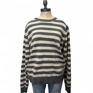 Grey and white striped crewneck sweater